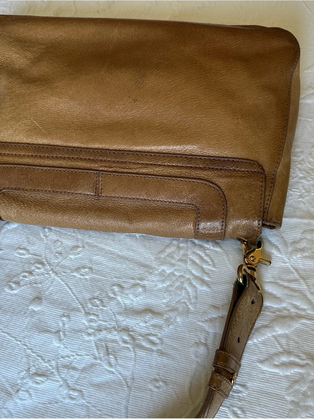 Tory Burch Tan Distressed Leather Shoulder Bag with Gold Logo Medallion